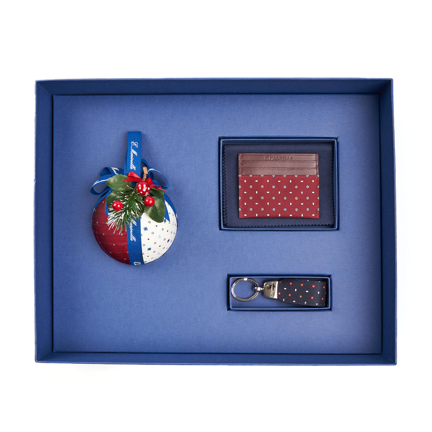 BOX DI NATALE CON PORTA CARTE ROSSO, PORTACHIAVI BLU