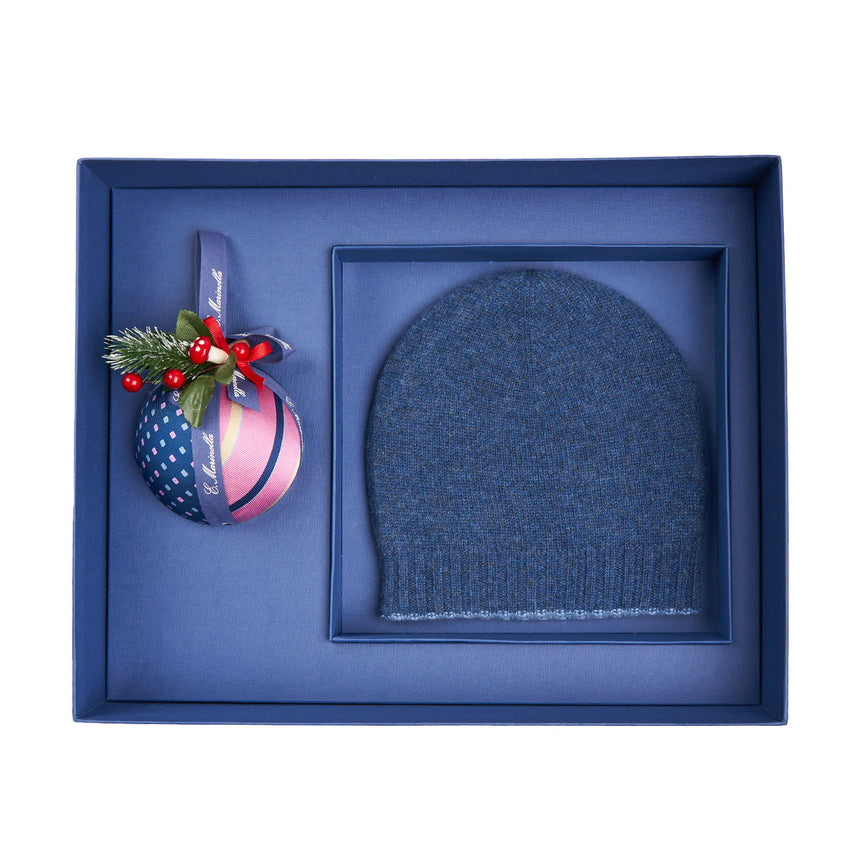 BOX DI NATALE CON BERRETTO BLUE E AZZURRO IN CASHMERE