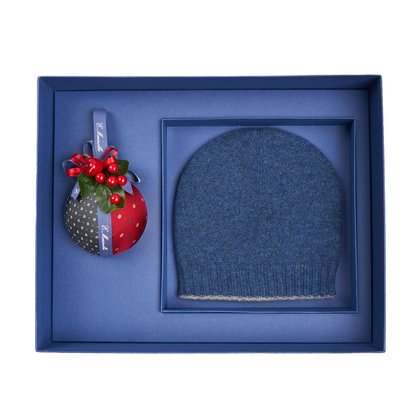 BOX DI NATALE CON BERRETTO BLU E BEIGE IN CASHMERE