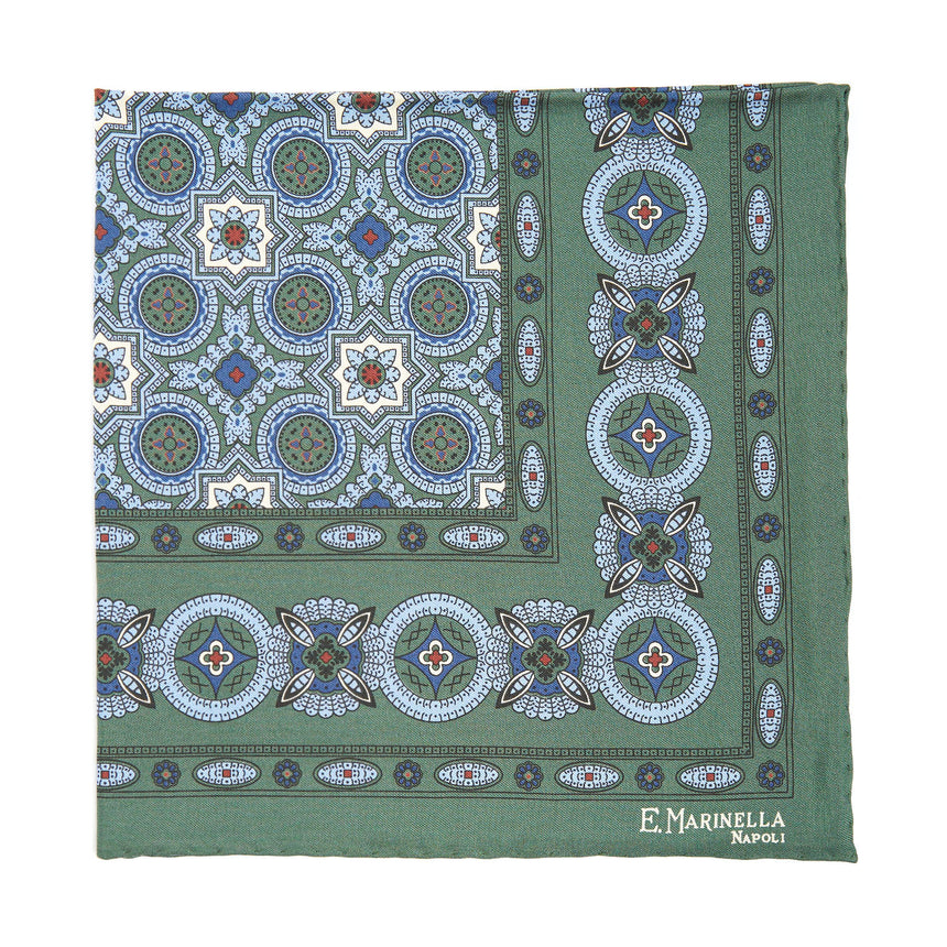 DARK GREEN HAND-PRINTED SILK POCKET SQUARE