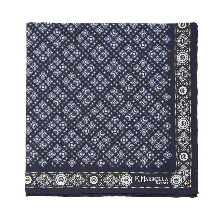 DARK BLUE HAND-PRINTED SILK POCKET SQUARE