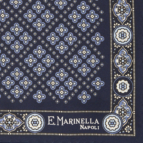 DARK BLUE HAND-PRINTED SILK POCKET SQUARE