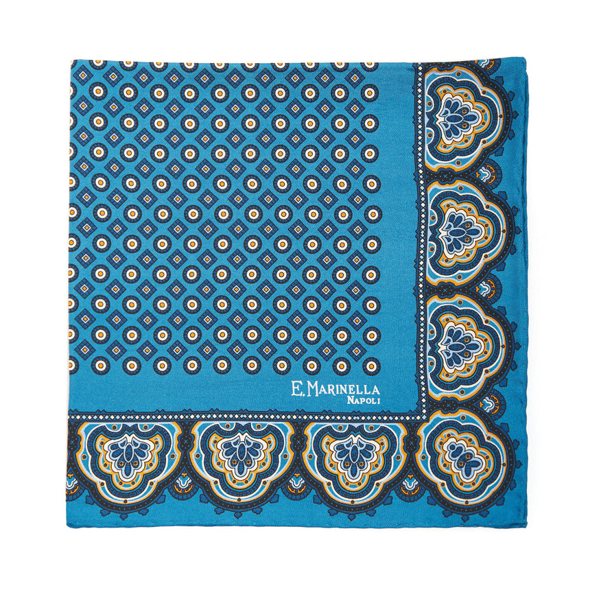 MID BLUE HAND-PRINTED SILK POCKET SQUARE