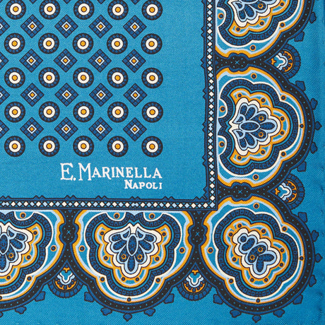 MID BLUE HAND-PRINTED SILK POCKET SQUARE