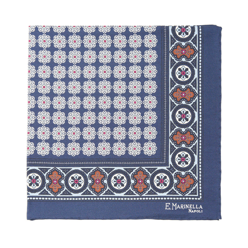 BLUE HAND-PRINTED SILK POCKET SQUARE