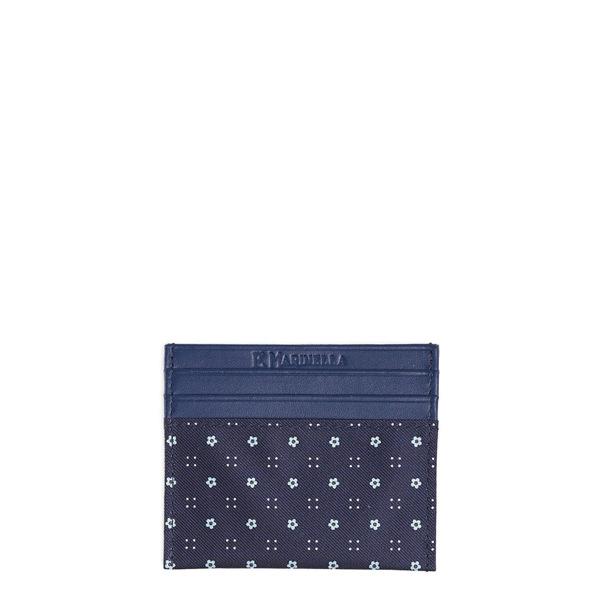 DARK BLUE LEATHER AND SILK CREDIT CARD HOLDER