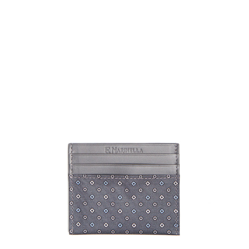 DARK GREY LEATHER AND SILK CREDIT CARD HOLDER