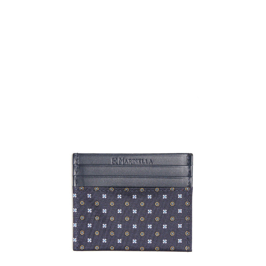 DARK BLUE SILK AND LEATHER CREDIT CARD HOLDER