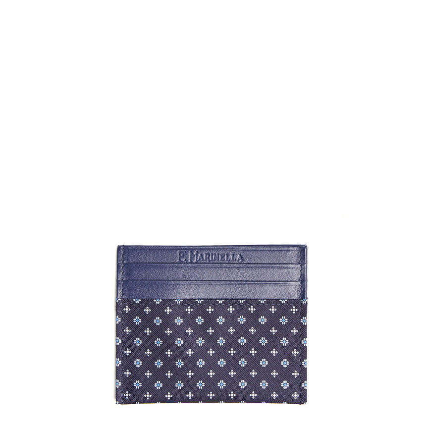 DARK BLUE SILK AND LEATHER CREDIT CARD HOLDER