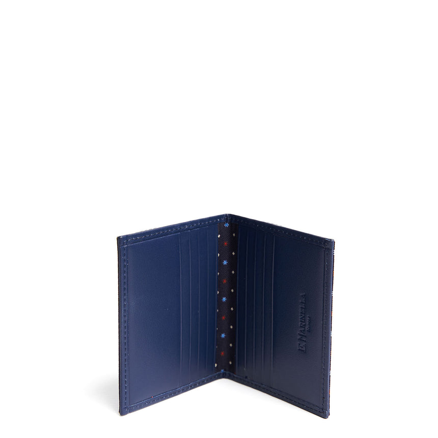 DARK BLUE SILK AND LEATHER FOLDING CARD HOLDER