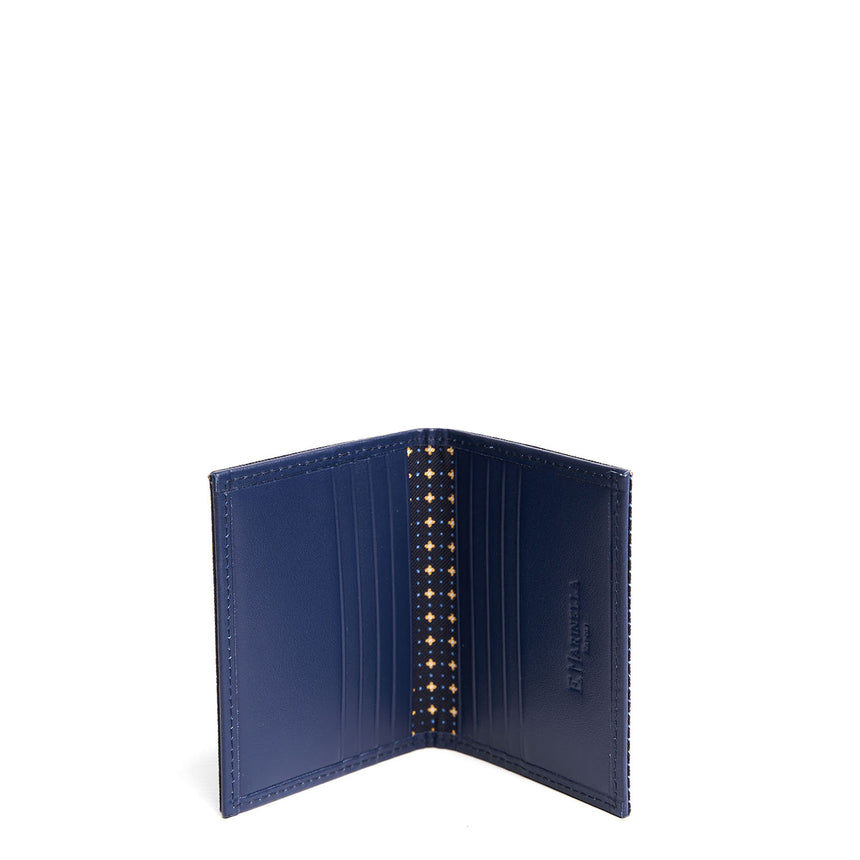 DARK BLUE SILK AND LEATHER FOLDING CARD HOLDER