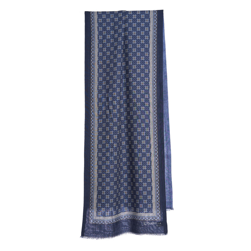 DARK BLUE DOUBLE PATTERNED WOOL AND SILK SCARF