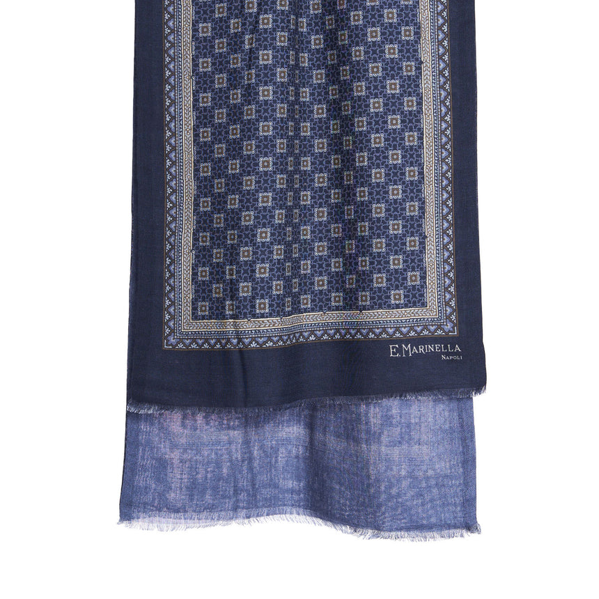 DARK BLUE DOUBLE PATTERNED WOOL AND SILK SCARF