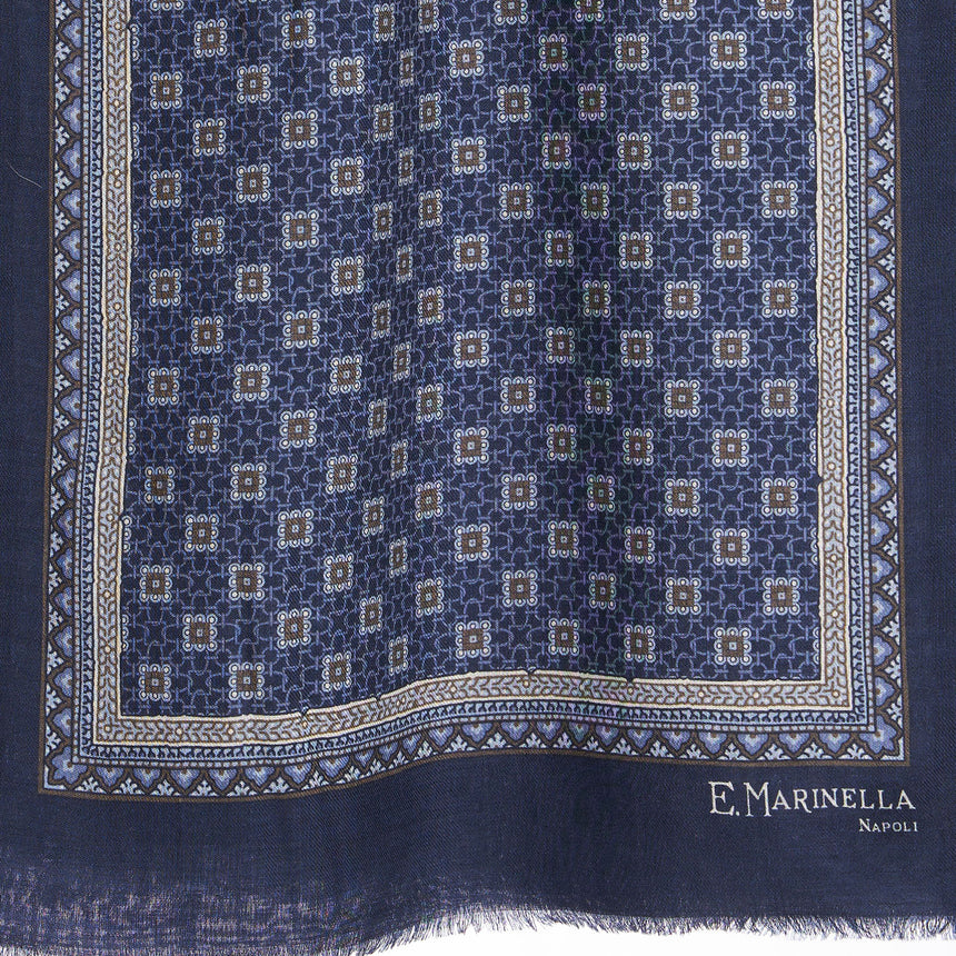 DARK BLUE DOUBLE PATTERNED WOOL AND SILK SCARF