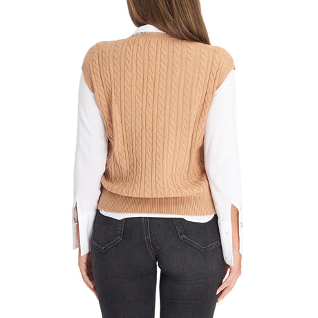 PULLOVER SMANICATO CON TRECCE BEIGE IN LANA